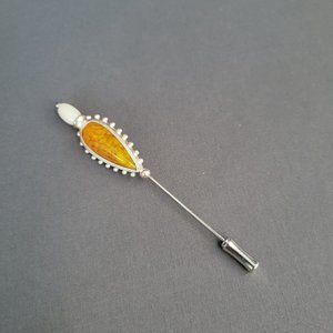 Womens Silver Tone Faux Pearl Yellow Stone Drop Shape Fashion Pin 3 1/2 in